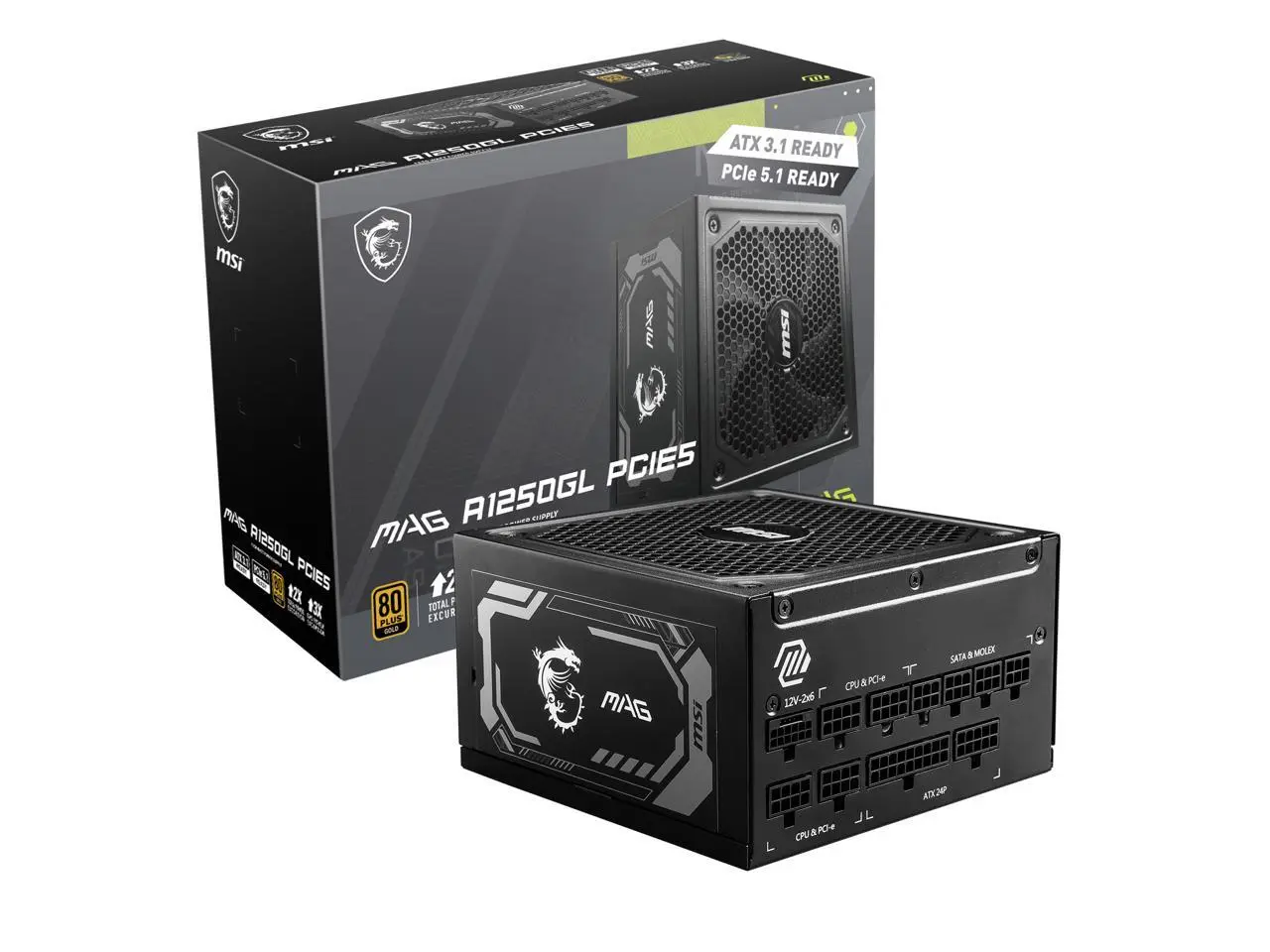 MSI MAG A1250GL PCIE5, Fully Modular Compact Gaming 1250W Power Supply, 80+ Gold, ATX 3.1 & PCIe 5.1 Ready, Native Dual-color 12V-2x6 cable, 10 Year Warranty