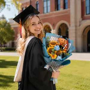 11.81 in Graduation Gifts Crochet Flowers Bouquet, Handmade Sunflower Rose Dr. Bear Graduations Flower Bouquet for Birthday, Teacher Appreciation Gifts, Graduation, Home