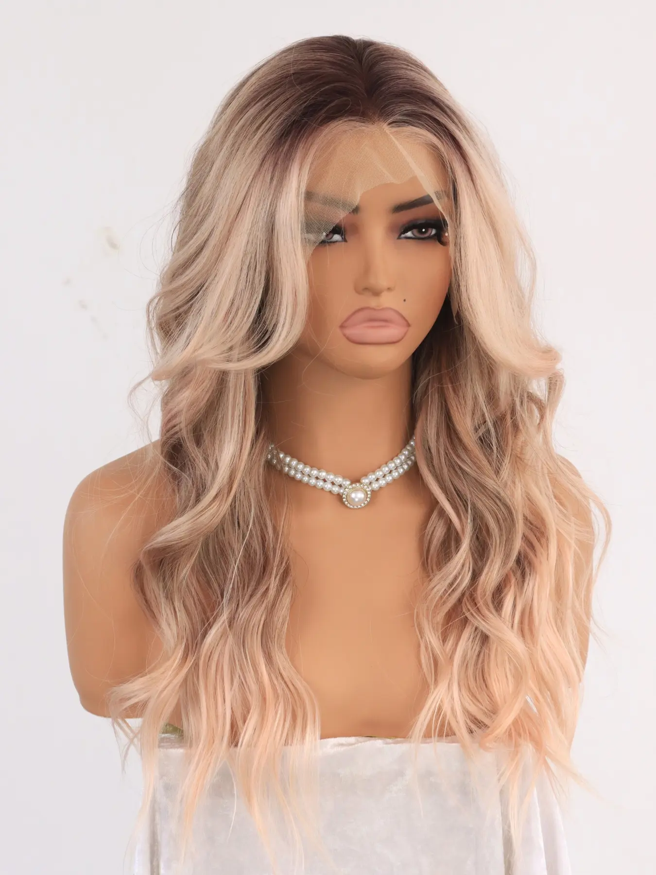 MACA BAKA Birdie Apricot Curtain Bangs Ombre Highlight Water Wave Lace Front Wigs with Scandinavian Hairline Low Density 18 Inches Long Brown Light Pink HD Synthetic Lace Front Wigs for Women Pre Plucked Face Framing Bangs