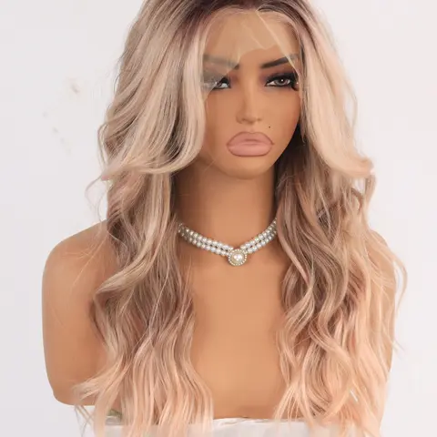 MACA BAKA Birdie Apricot Curtain Bangs Ombre Highlight Water Wave Lace Front Wigs with Scandinavian Hairline Low Density 18 Inches Long Brown Light Pink HD Synthetic Lace Front Wigs for Women Pre Plucked Face Framing Bangs