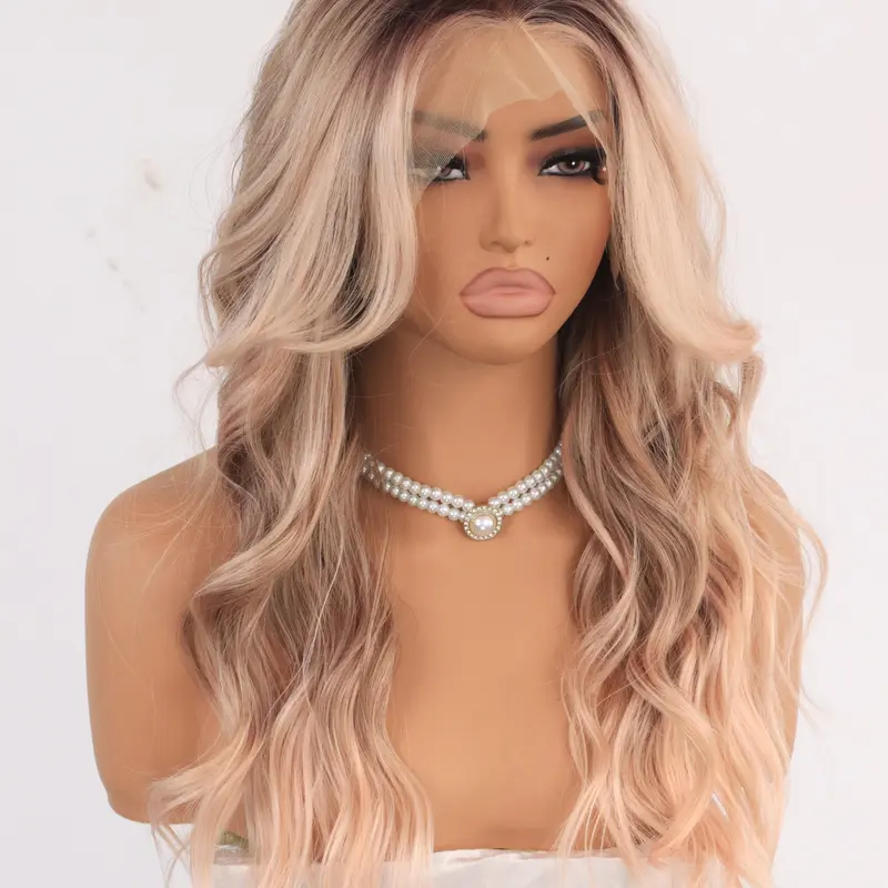 MACA BAKA Birdie Apricot Curtain Bangs Ombre Highlight Water Wave Lace Front Wigs with Scandinavian Hairline Low Density 18 Inches Long Brown Light Pink HD Synthetic Lace Front Wigs for Women Pre Plucked Face Framing Bangs
