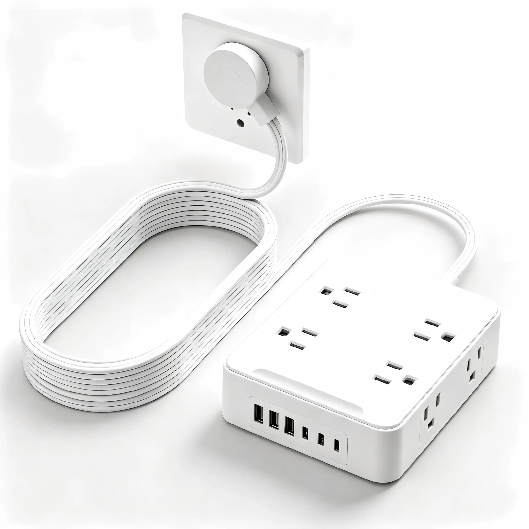 14-in-1 Multifunctional Surge Protector Power Strip - 8 Power Outlets, 3 USB Ports, 3 Type-C Ports, Wall-Mountable Flat Plug for Home, Dormitory, Travel & Office Use