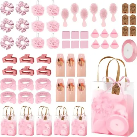 6-Set Creative Party Gift for Female, Baby Shower Festive Party Favors Kit, Makeup Brush Kit with Headbands, Hair Brushes, Compact Mirrors, Bath Sponges, Powder Puffs, Hair Ties, Claw Clips, Makeup Travel Bag for Winners