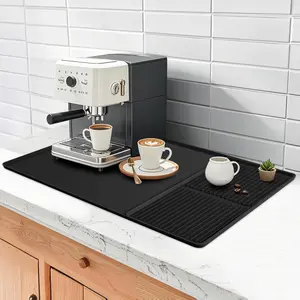 Silicone Coffee Mat 24x16 Inch with Removable Dish Drying Mat for Kitchen Countertops Under Ice Maker & Coffee Maker Machine Non-slip Black Coasters Tableware Spill Protection & Easy Cleaning