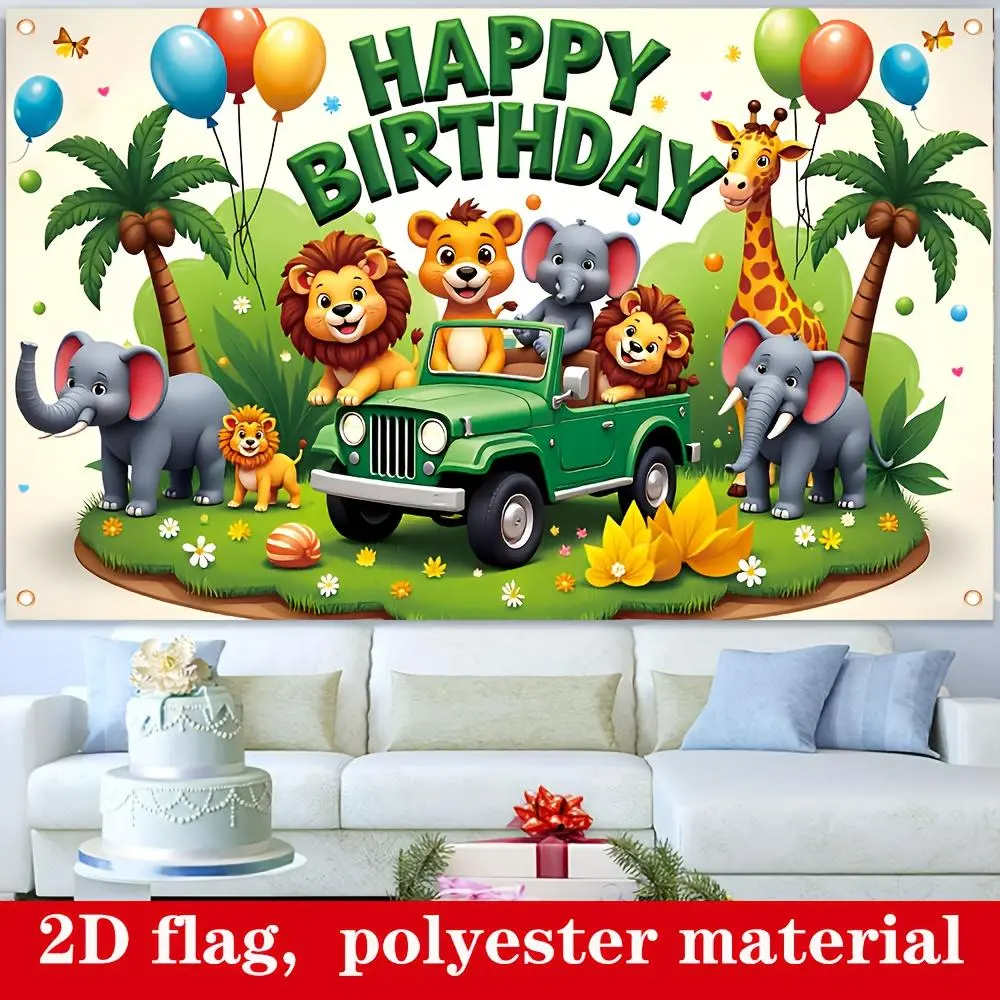 Large 1-Piece Printed Jungle Safari Vibe Birthday Party Banner, 2D Flat Durable Polyester (179.83cm x 109.98cm) with Lions Elephants Giraffes, for Indoor-Outdoor Festive Home Decor, Birthday Party Supplies