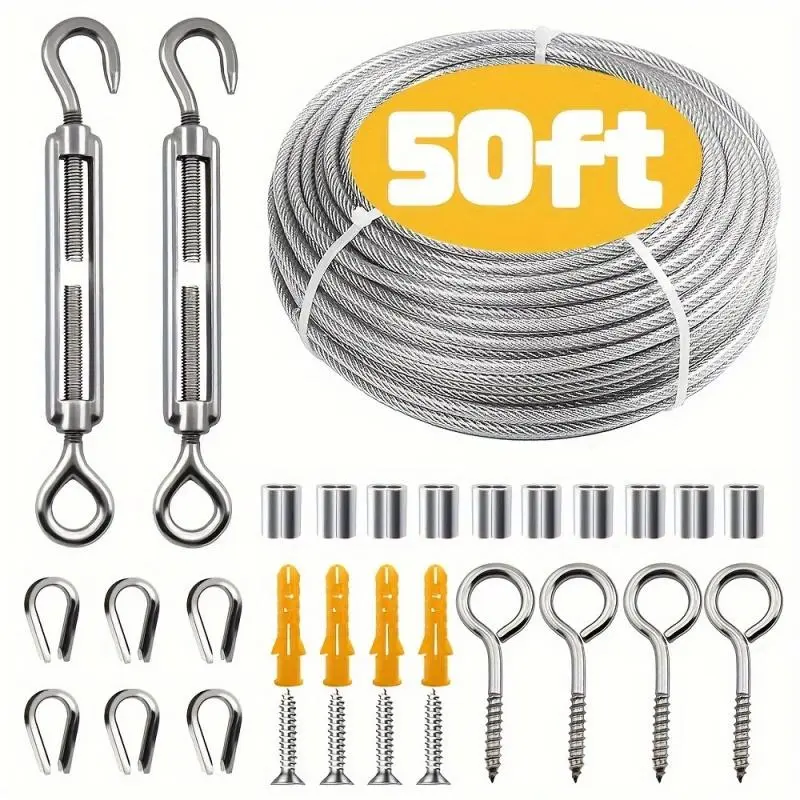 15m/50ft stainless steel wire rope kit, Multifunction rope, Weather Resistant Rope, heavy-duty adjustable height garden line, 304 stainless steel with PVC coating, waterproof, for balcony railing, tent setting, outdoor camping equipment