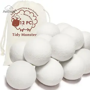 12 Pack Reusable Wool Dryer Balls 100% Organic New Zealand Wool Eco-Friendly Laundry Supplies Hypoallergenic & Chemical-Free Home Goods
