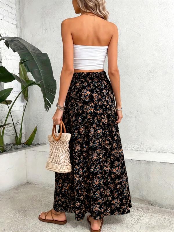 Plus Size Women's Floral Elastic Waist Skirt, Fashion Casual Vacation Must-Have, Loose Hem Half Skirt, Essential Wardrobe Item