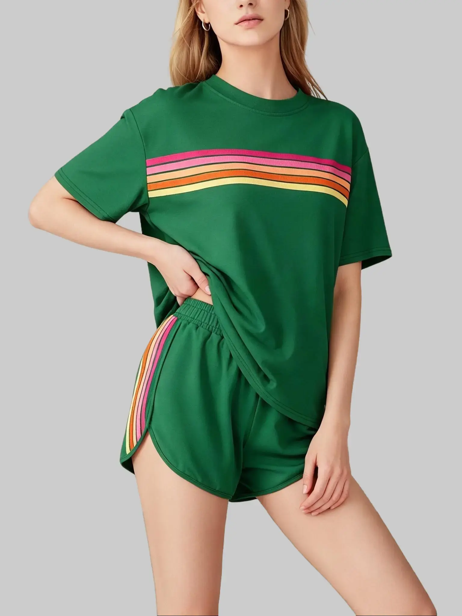 Women's 2-Piece Striped Rainbow Color-Block Loungewear Set - Shortsleeve Crew Neck Tee, Pocket Shorts, Soft Elastane Fabric, Breathable Vintage Athleisure, Summer Casual Outfits, OOTD Ideas, Short & Top Sets, 2 Piece Sets