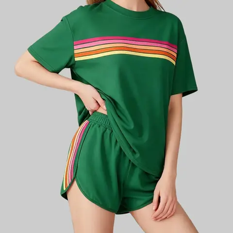 Women's 2-Piece Striped Rainbow Color-Block Loungewear Set - Short-Sleeve Crew Neck Tee, Above-the-Knee Patch Pocket Shorts, Soft Elastane Fabric, Breathable Retro Chic Athleisure, Summer Everyday Wear