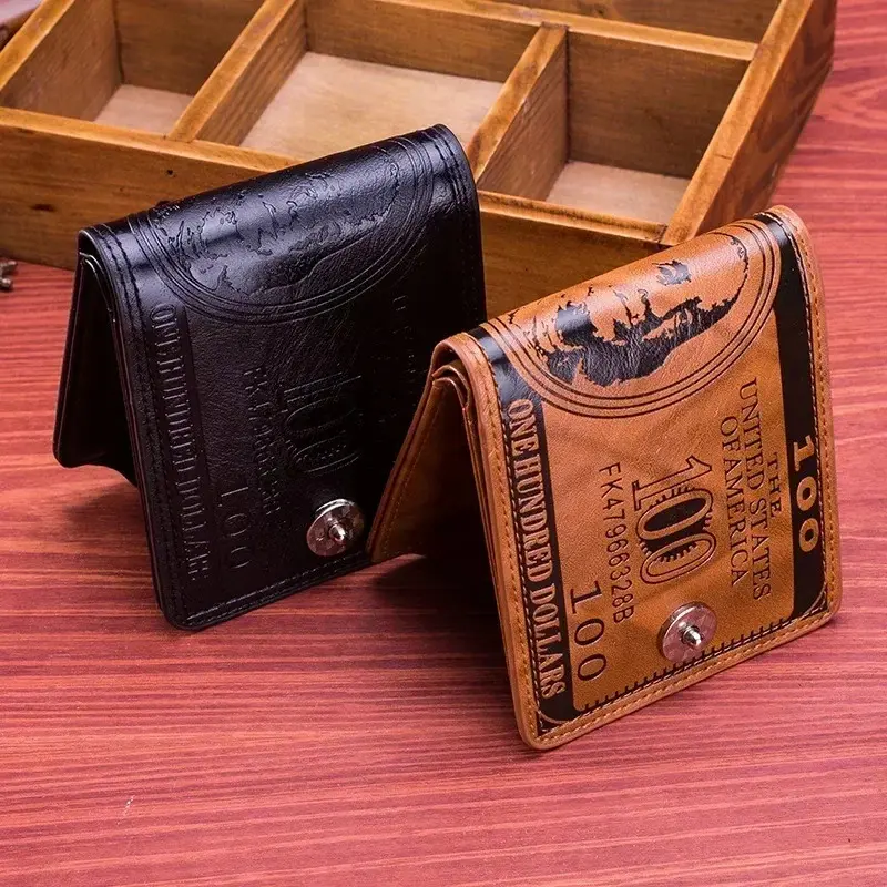 Men's Wallets - Masculine Trifold Fold-Over Compartmental Leather Wallet with 100 US Dollar Pattern Hasp, Zipper Card Holder, Coin Pocket, Trifold Wallet
