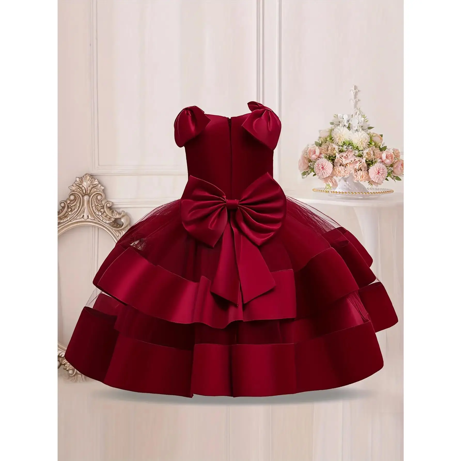 Girls' Pink Princess Tutu Dress BP5210959, Sleeveless Knee-Length, 65% Polyester, Large Bow & Floral Embellishments, Ruff Detail, All-Season Formal Guest Attire, Fits 7-8y, 9-10y, 11-12y