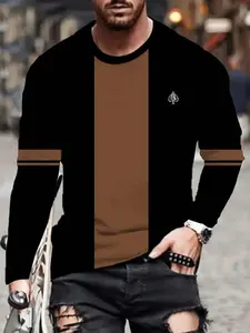Men's Casual Round Neck Long Sleeve T-Shirt, Striped Heart Print, 100% Polyester Knit Fabric, Slight Stretch, Ideal for Running, Training, Hiking, Athletic Shirt, Casual Sports Tops