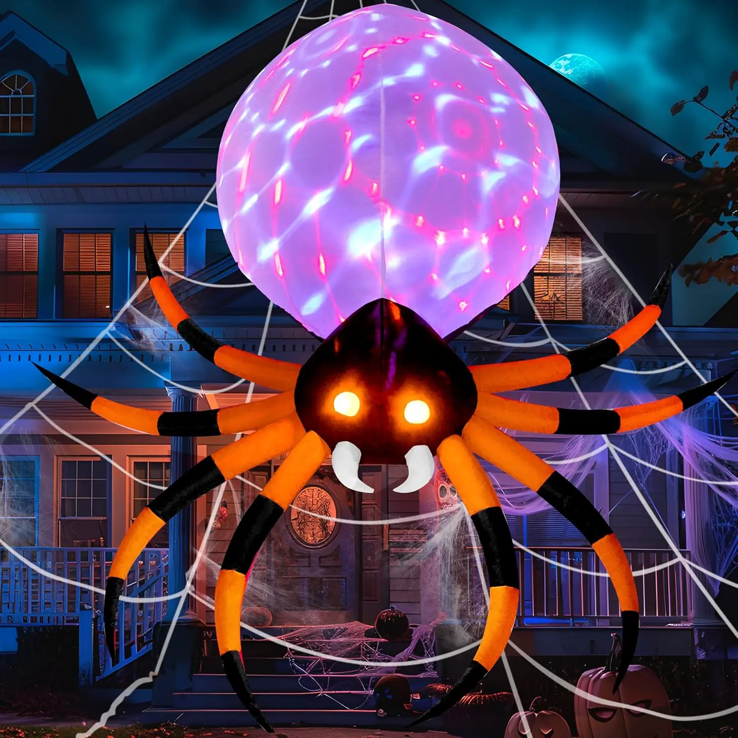 8 FT Halloween Inflatable Giant Spider Outdoor Decorations, Blow Up Spider Yard Decorations with Rotating Colorful Light and Glowing Eyes for Halloween Party Lawn Garden Outside Decor