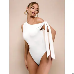 Bodysuit Apricot Sleeveless Asymmetric Romantic Vacation Color s Women BAE tiktok Solid Sweet Neck Twist