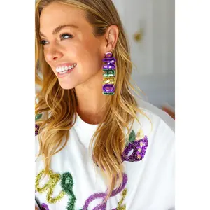 Mardi Gras Sequin & Beaded Dangle Earrings