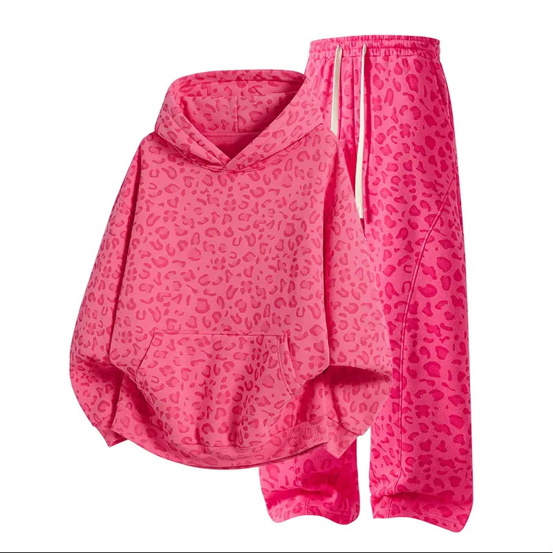 Unisex Cotton 2-Piece All-Over Leopard Print Streetwear Set - Loose-Fit Hoodie & Wide-Leg Pants, Casual Unboxing Gift, Multiple Colors Unisex Cotton 2-Piece All-Over Leopard Print Streetwear Set - Loose-Fit Hoodie & Wide-Leg Pants, Casual Unboxing Gift, Multiple Colors