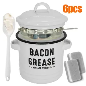 Large Enamel Grease Saver Strainer for Efficient Kitchen Use-Bacon Grease Container with Strainer & Food-Grade Silicone Spatula, 46oz Large Enamel Rustic Farmhouse Fat Container, Keeper, Dishwasher Safe，Dishwasher Safe Filter Kitchen Utensils fine mesh st