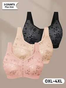 3-Pack Plus Size Front Buckle Bras, Breathable Cup Design, Embroidered Pattern, 0xl-4xl, Medium Support, Casual Style, All Seasons