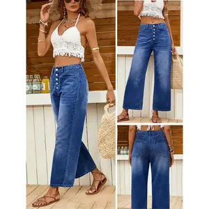 New women's denim jeans, loose and casual multi button mid thigh jeans, comfortable and elastic wide leg daily wear pantsRAIMENTRY