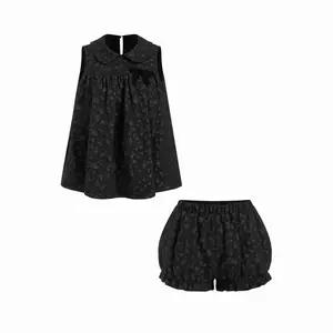 Cider Textured Bowknot Peter Pan Collar Top & Mid Rise Bloomers Set