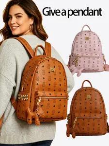 Classic Floral Print Backpack, Rivet Decorated Large Capacity Student Bag, Includes Matching Dog Charm, Commuter Backpack