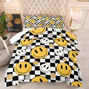 Checkered Smiley Face Comforter Set-with Silk-Cotton Filling, Retro Y2K Themed Bedding Set, 3D Digital Print Bed Set with Includes 1/2 Pillowcases - without Core, Soft Microfiber Bedding, All Season Cozy Quilt for Trendy Bedroom Decor