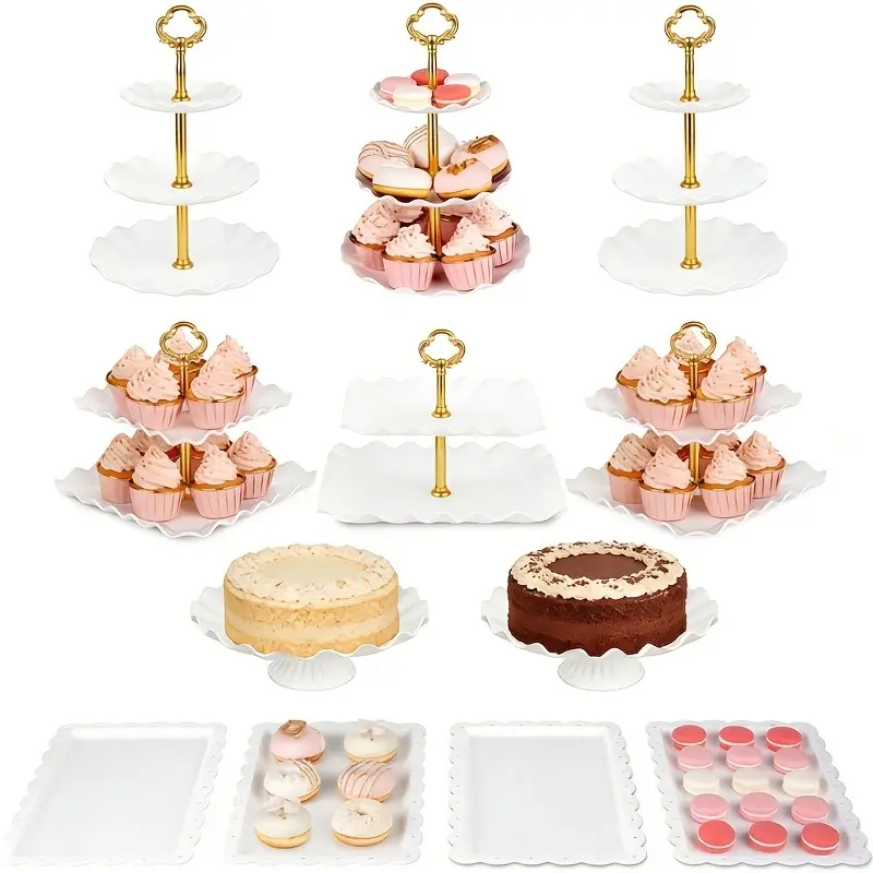 12Pcs Plastic Round Tiered Cake Carriers Set - Cake Display Stand, Cupcake Tower Stand, 2-Tier Cookie Rack, Cookie Candy Holder for Birthday Party Kitchen Bakeware Baking Utensils