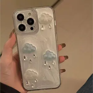 Cloud & Raindrops Pattern Phone Case, Decorative Protective Phone Protector Cover, Phone Accessories Compatible with iPhone 15 14 13 12 11 Pro Max, Casing, Cellphone