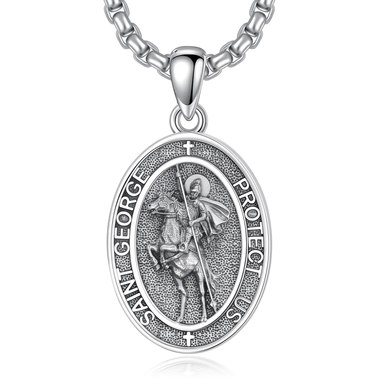 MEIDERBO Dream Chaser St George Emblem Necklace for Men, 925 Sterling Silver Oxidized Engraved Pendant, Stainless Steel O-Chain, Adjustable Length Decorative Silver Stainless Steel Necklace, Stainless Steel Necklaces, Decorative Silver Necklaces