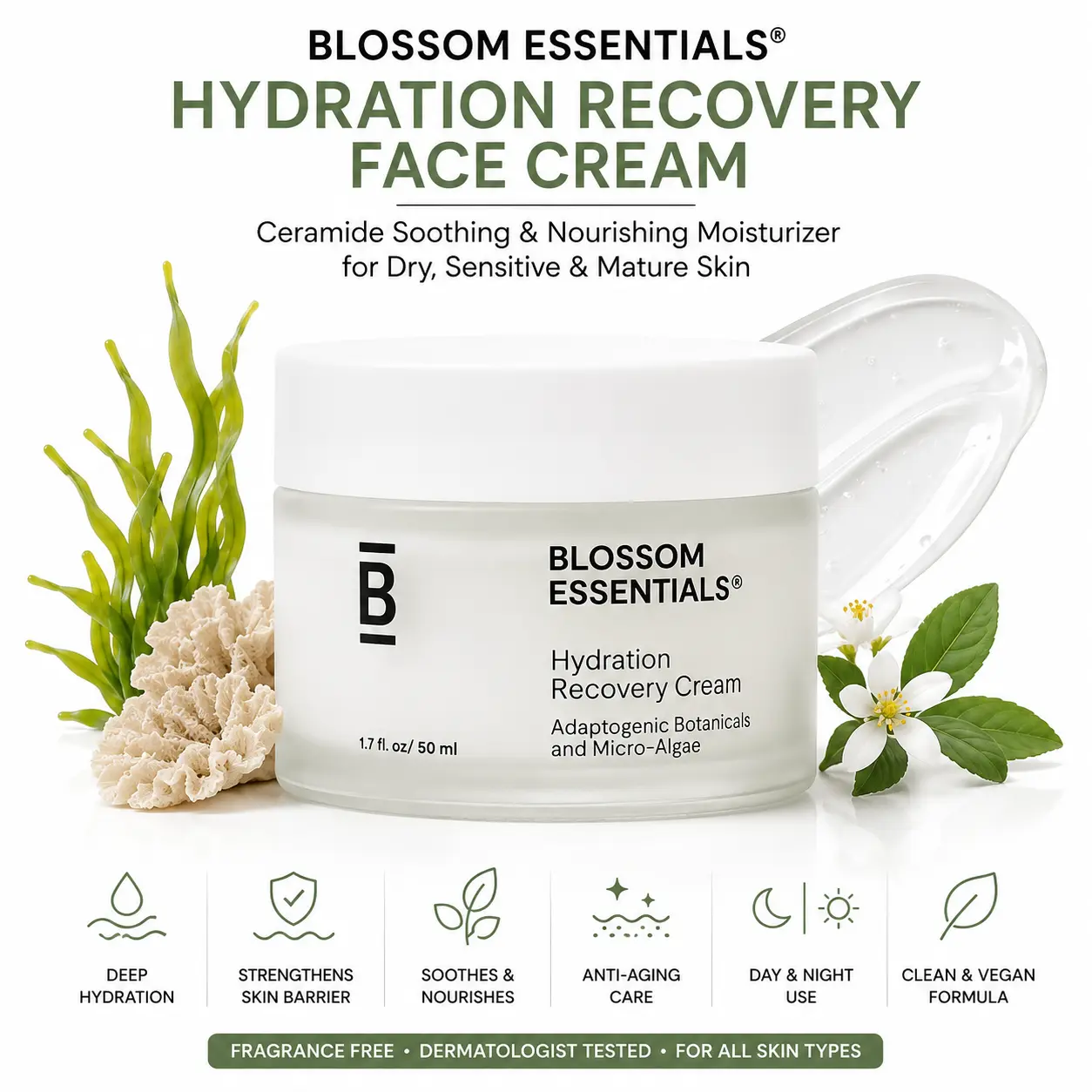 Blossom Essentials Hydration Recovery Face Cream | Ceramide Soothing and Nourishing Moisturizer for Dry, Sensitive & Mature Skin | Hydrating Anti-Aging Moisturizing Cream Day & Night Cream