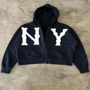 Men's New York Letter Patched Drop Shoulder Zip Up Hoodie, Fashion Streetwear Regular Fit Long Sleeve Pocket Hoodie Sweatshirt for Fall & Winter,  Streetwear, Men's Clothes for Daily Wear Poser Hoodie