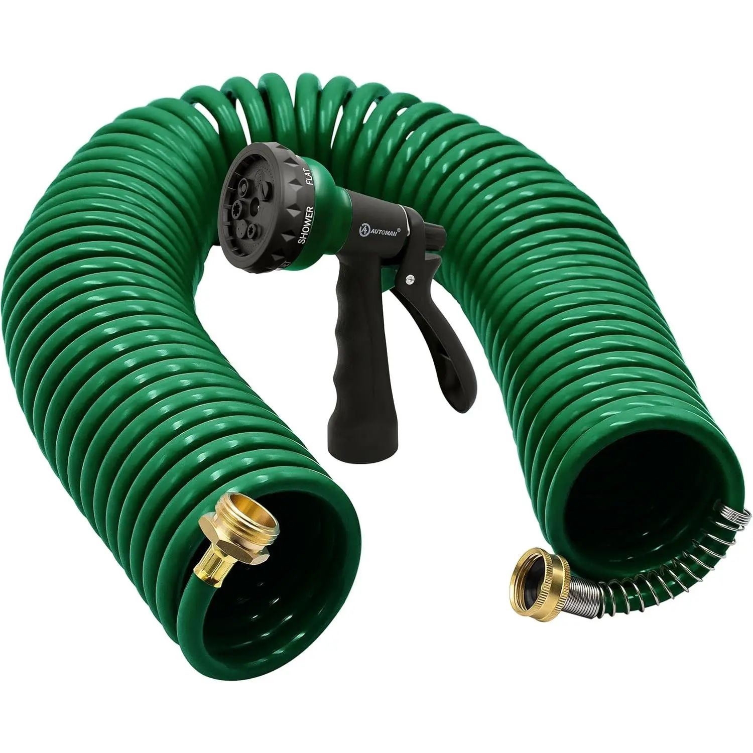 Coil Garden Hose 50 ft, EVA Curly Water Hose with Brass Connectors, Recoil Garden Water Hose,Includes 7-Pattern Function Sprayer,Retractable,Corrosion Resistant Garden Coil Hose.