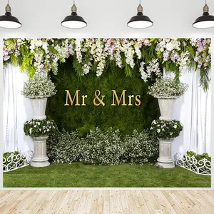 Wedding Backdrop Mr and Mrs White Floral Grass Wall Stone Planter Background Photography Banner for Bridal Shower Anniersary Decorations Photo Studio Photobooth Props 7x5ft