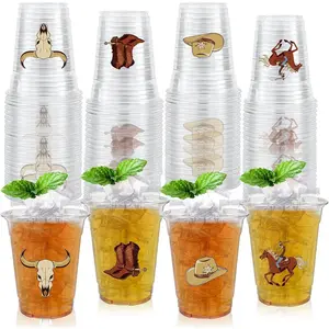 50 Pcs 12OZ Western Cowboy Plastic cups, Western Party Decorations Disposable Western Print Clear Plastic Cups Juice Soda Beverage Birthday Party Favors For Western Cowboy Themed Party Supplies