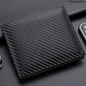Men's Bifold Short Wallet, Carbon Fiber Texture Card Holder with Integrated Zipper Coin Pocket for Casual Daily Use