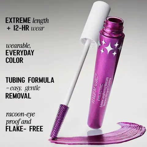 EYELECTRIC Extreme Lengthening Mascara Teal Violet Black Vibrant Wearable Color Rich Formula Tapered Brush All Day Wear Easy Removal Ophthalmologist Tested Smudge Proof Waterproof