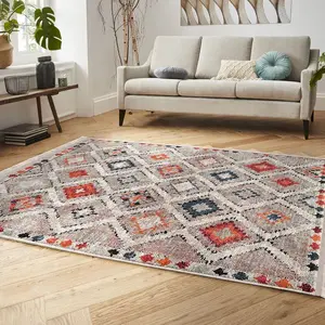 Kilim Motif Carpet,Diamond Pattern Multi-Purpose Anti-Slip Boho Carpet,Machine-Washable Fringed Non-Slip Rug,Ethnic Design Farmhouse Carpet