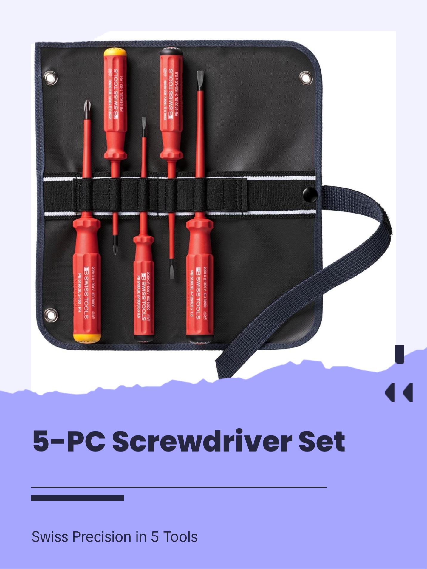 PB Swiss PB 5542.SU SL GY Screwdriver Set Slotted/Phillips in Roll-Up Case with Classic VDE Handle, 5 Pcs