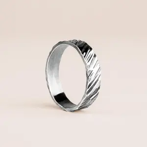 Dune Ring | Mens Diagonal Lined Rough & Rugged Hammered Wide Band | Oxidized Black Sterling Silver | Wedding Engagement Ring Gift for Men