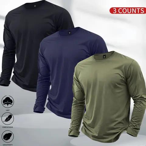 Men's 3-Piece Crew Neck Graphic T-Shirt Set - Fitted Cut Long-Sleeve Tops, All-Season Outdoor Wear, Cool Gifts for Boyfriends