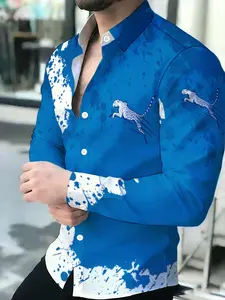 Men's Blue Paint Splatter Leopard Print Long Sleeve Casual Party Shirt
