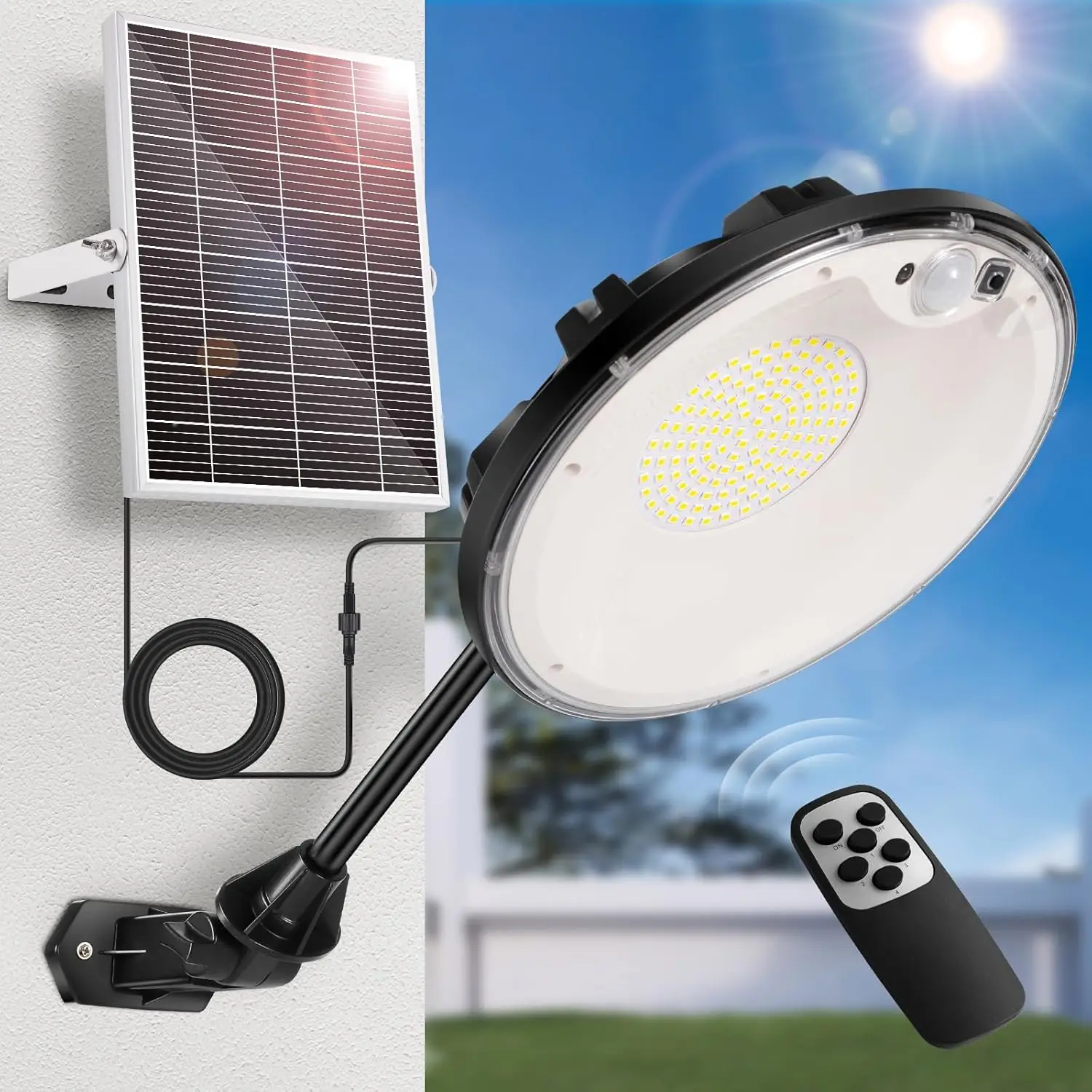 deerdance Solar Shed Light Indoor Outdoor 3500LM 4 Light Modes (Daytime Available), Solar Powered Motion Sensor Barn Light for Outside with Remote, Wa