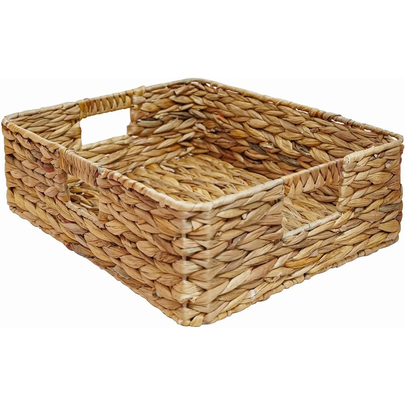 Rectangular Water Hyacinth Storage Baskets, Wicker Storage Baskets for Shelves, Square Shallow Basket, Woven Drawer Basket With Handle, 13" L x 10.6" W x 4.5" H