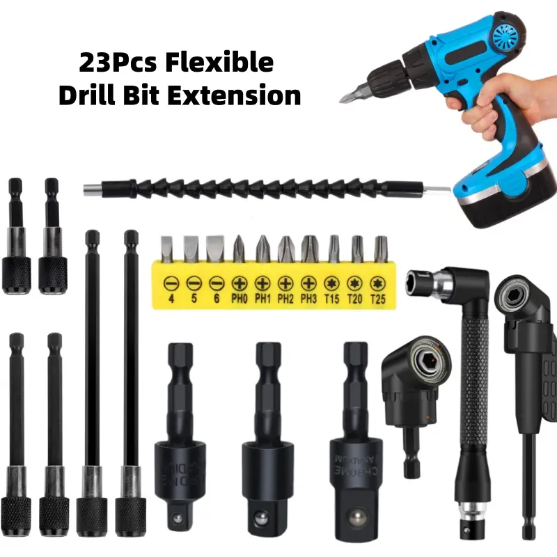 【Father's Day Gift】23-piece extendable drill bit kit, including 6 extension fixators, 3 rotatable sleeve adapters, 2 hexagonal 105° right-angle drill bit accessories, 10 short screwdriver drill bits, 90° inclined drill bits and flexible extenders.