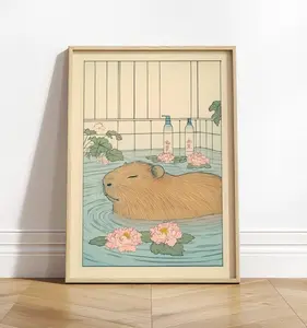 Capybara print, Aesthetic Spa wall art, Japanese bathroom print, Funny bath poster, Japan wall decor, Animal art print, Japandi wall decor
