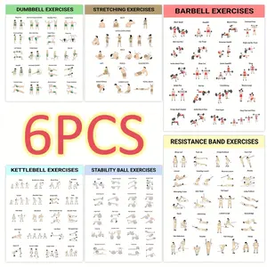 Set of 6 Exercise Guide Cards, Professional Fitness Equipment Including Stretch Bands, Kettlebells, Swiss Ball, Home Workout, Gym Use