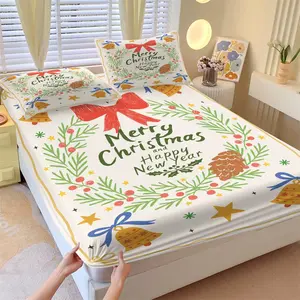 Set of 3 Christmas New Year Wreath Bell Print Pattern Fitted Sheets, Comfort Print Pattern, Includes 1 piece flat sheet and 2 pieces pillowcases, comfortable bedding, non-slip dust cover for bedrooms and guest rooms, suitable for kids and adults gifts