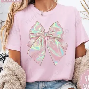 Iridescent Coquette Bow Tshirt, Bow Women's Tee, Cute Women's Tshirt, Trendy Coquette Bow Tee Shirt, Gift for Her Cotton Fabric