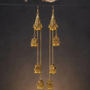 Kashmiri Earrings - Gold Color, Long Design, Intricate Detailing, Perfect for Special Occasions